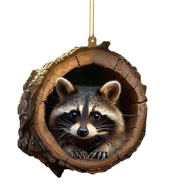 Christmas Tree Ornaments Acrylic Owl and Raccoon 2D Flat Printed Small Pendants with Hanging String