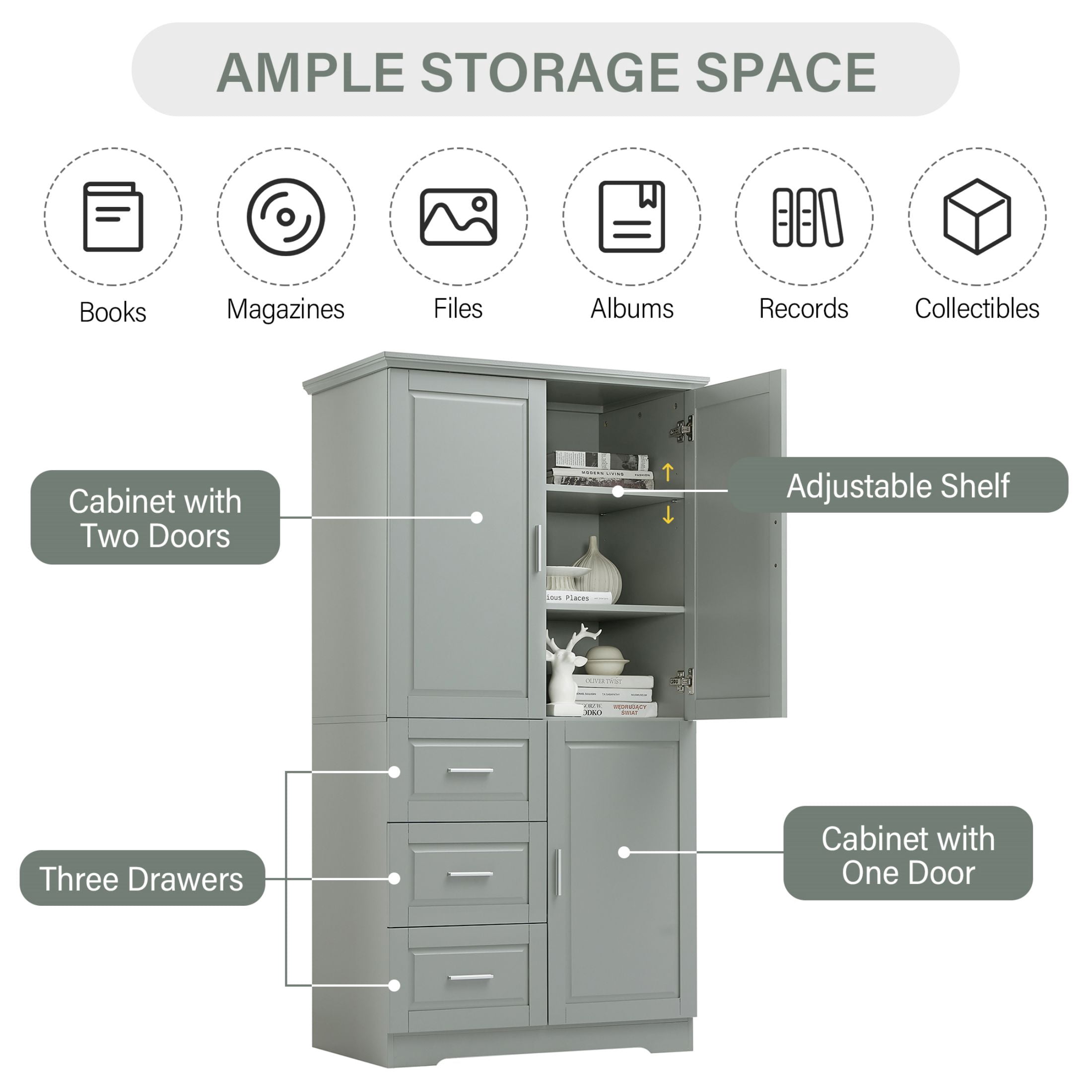 DEALTOPS Tall Storage Cabinet with Spacious Storage and Adjustable Shelves for Bathroom, Living Room, Gray
