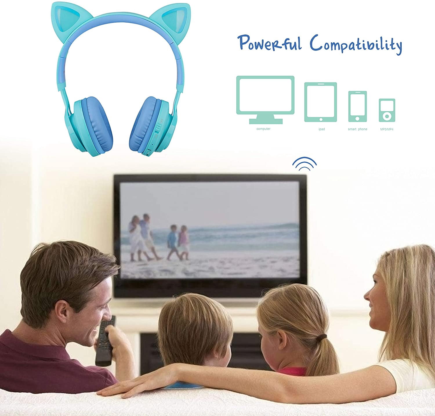 Kids Headphones, Riwbox CT-7S Cat Ear Bluetooth Headphones 85dB Volume Limiting, LED Light Up Kids Wireless Headphones Over Ear with Microphone for iPhone/iPad/Kindle/Laptop/PC/TV (Blue & Green)