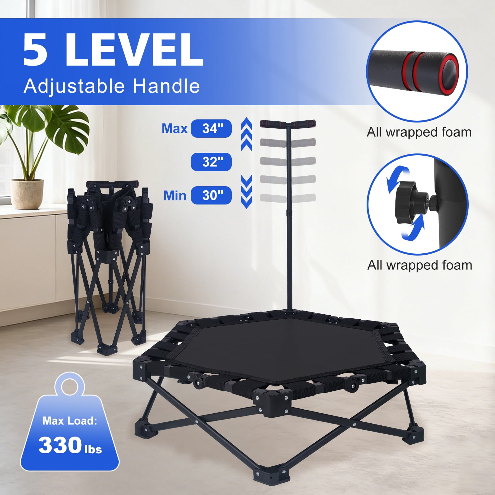 HooKung 37" Foldable Mini Trampoline, One-Step Fold & Open, Rebounder Trampoline for Adults, 330lbs Max Load, 3-Level Adjustable T-Bar, Indoor & Outdoor Workout