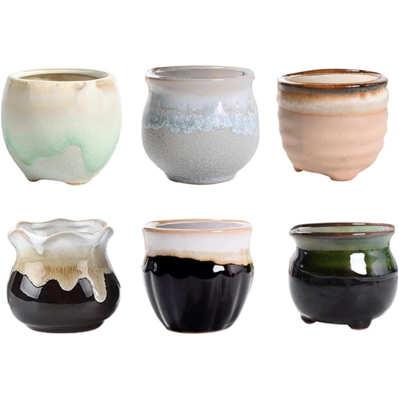 Ceramic Flower Pots Mini with Drainage Tiny Porcelain Planter Home Office Decor(6 PCS)