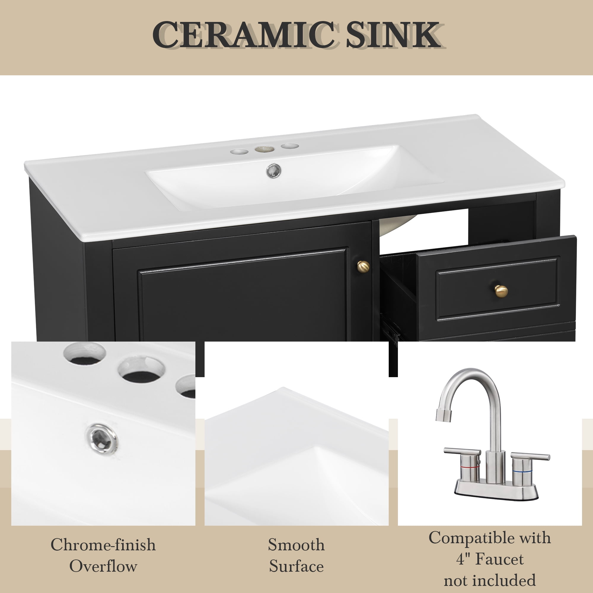 Euroco 36" Bathroom Vanity with Ceramic Sink, Multi-Size Drawers, Cabinet Storage & Iron Hardware, Freestanding Design