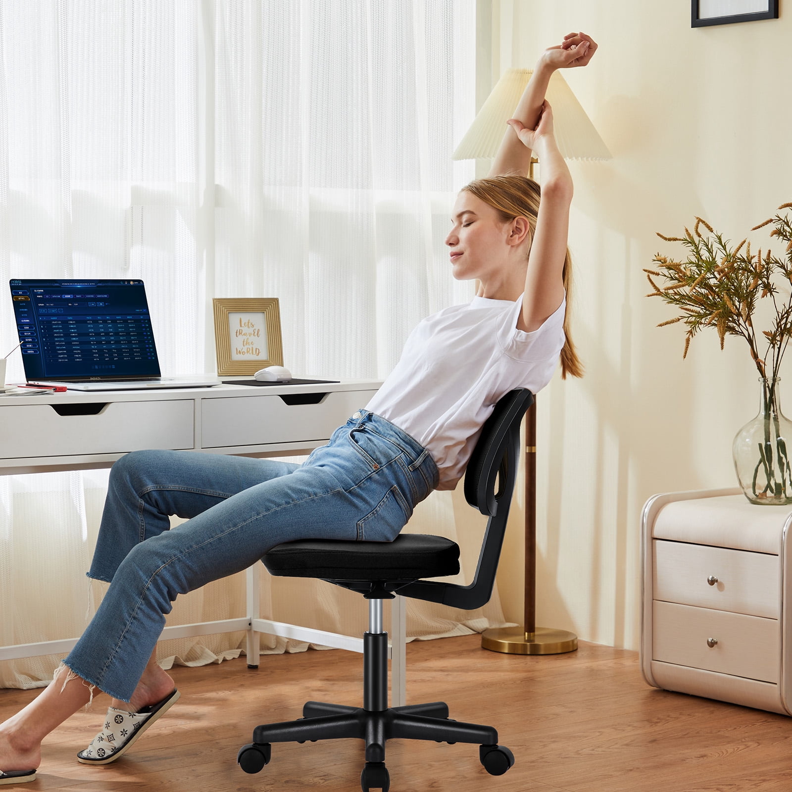 JOINSUN Armless Desk Mesh Office Chair, Adjustable Height Ergonomic Low Back Vanity Task Desk Chair with Wheels,Black