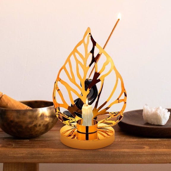Alasum Golden Metal Pillar Candle Holder with Leaf Design, Decorative Stand for Home and Events