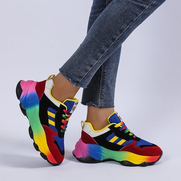 Women's Lace Up Breathable Walking Shoes, Rainbow Sole Knit Fashion Design with Cushion Sole, Trendy Sneakers for Daily Wear Gift