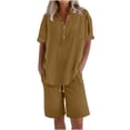 thumbnail image 2 of Linen Short Sets for Women 2 Piece Outfits Short Sleeve Button V Neck Shirts and Bermuda Short Sets Vacation Clothes Coffee M, 2 of 7