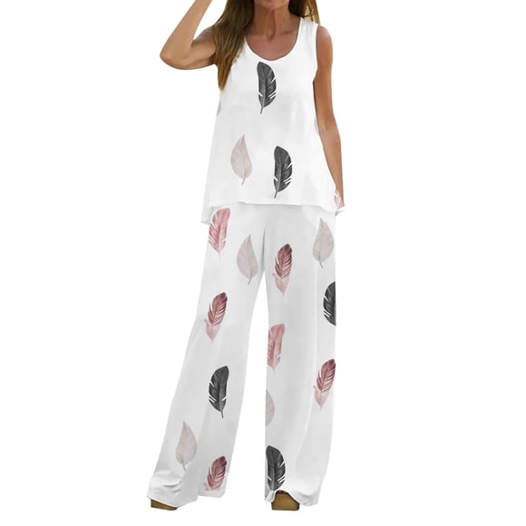 MSJUHEG Pantalons Larges pour Femmes Pantalons Femmes Ensemble 2 Pcs Boho Imprimé Débardeur Sans Manches Haut Ample Pantalons Larges Ensemble Deux Pièces Pantalons de Survêtement Femmes Blanc m
