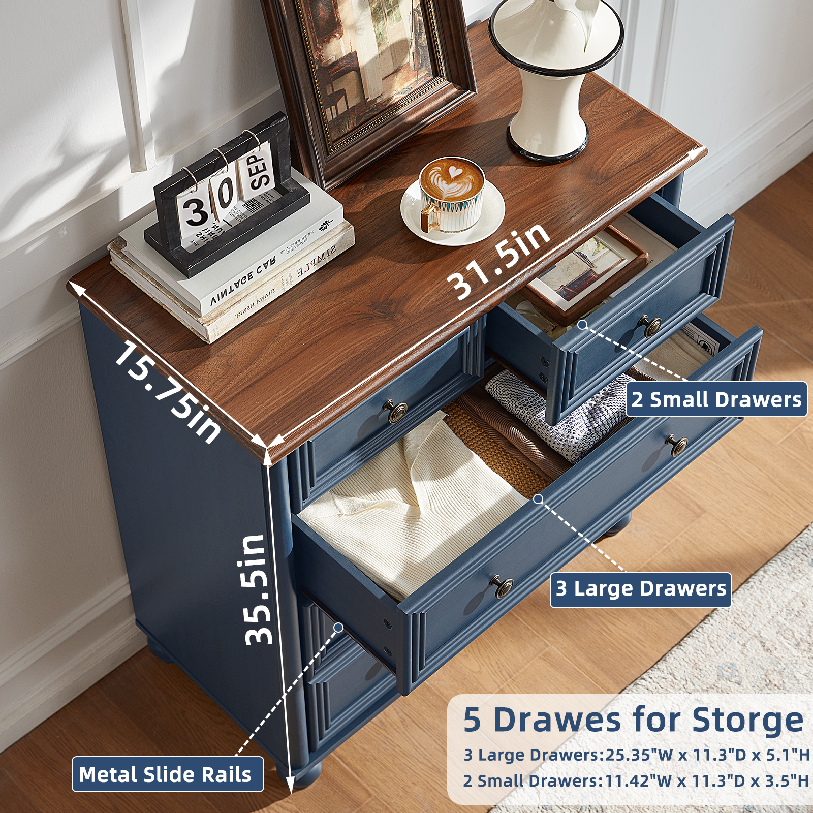 LELELINKY Dresser with 5 Drawers, Wood Tall Chest, Built-in Handle Drawers for Bedroom, Home, Living Room, Hallway - Blue