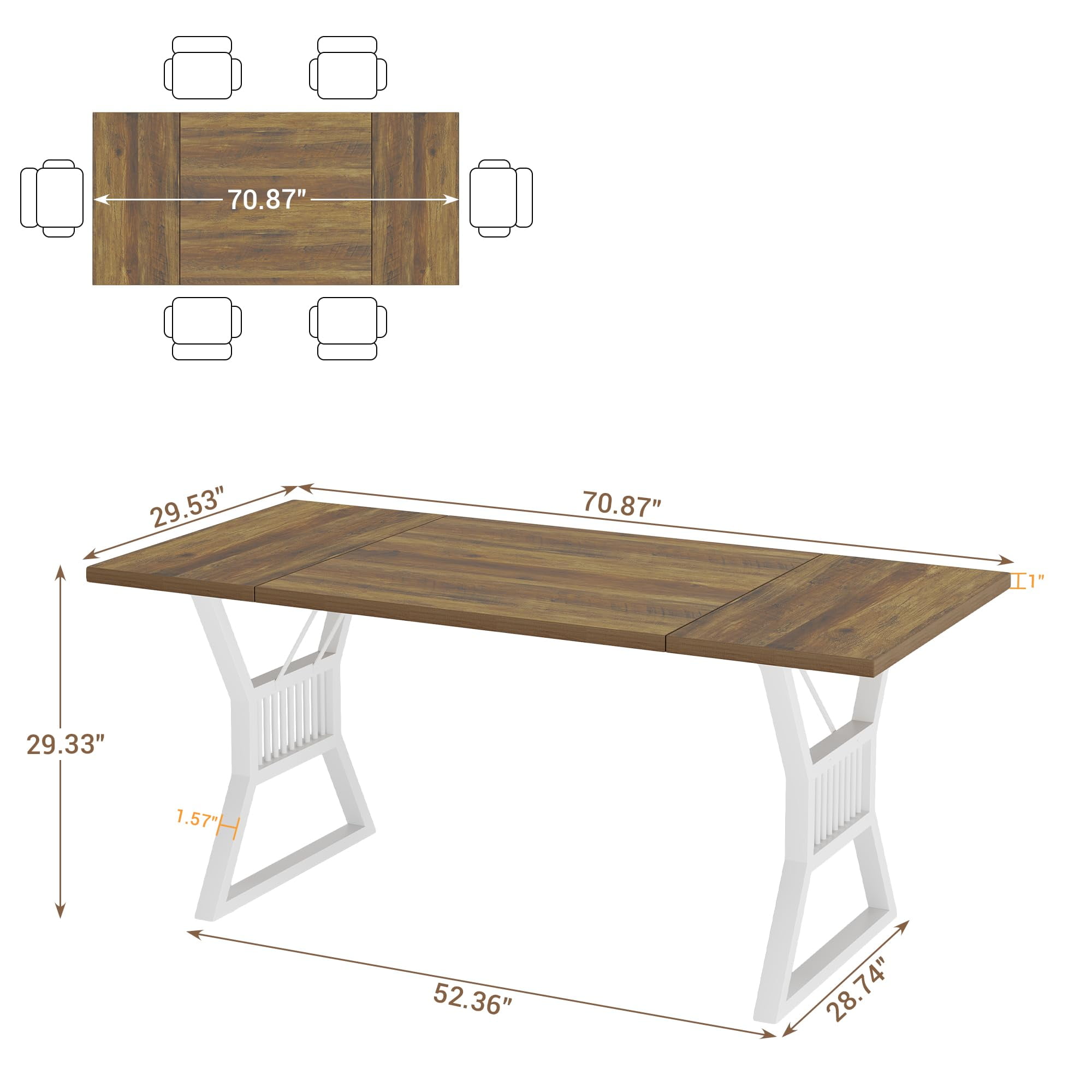 Dining Table 4-6 Person 70.8 Inch, Farmhouse Kitchen Table with Heavy Duty Metal Legs, Wooden Long Dining Room for Kitchen, Living Room