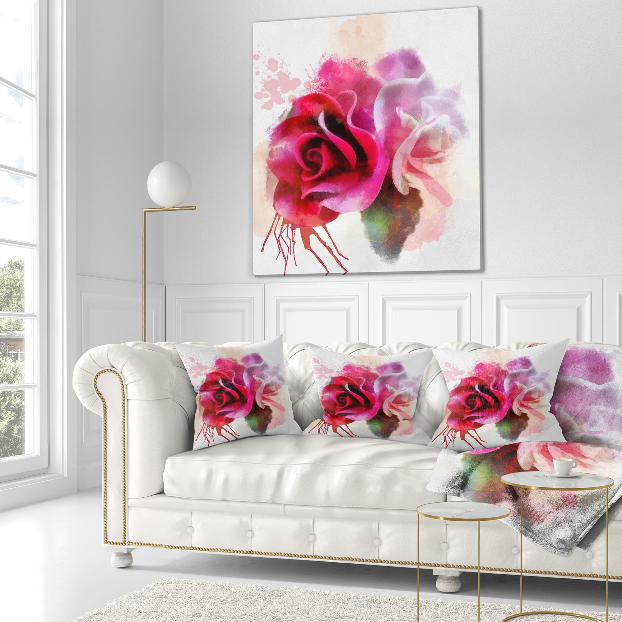 Designart White Red Roses with Color Splashes - Floral Throw Pillow - 18x18