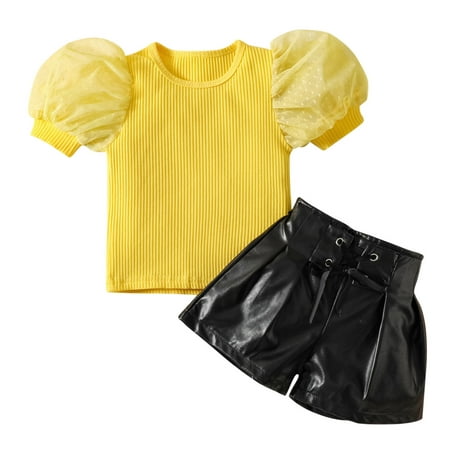 

ZHUASHUM Toddler Kids Baby Girls Tulle Puff Sleeve Ribbed T Shirt Tops PU Leather Lacing Shorts 2PCS Outfits Clothes Set