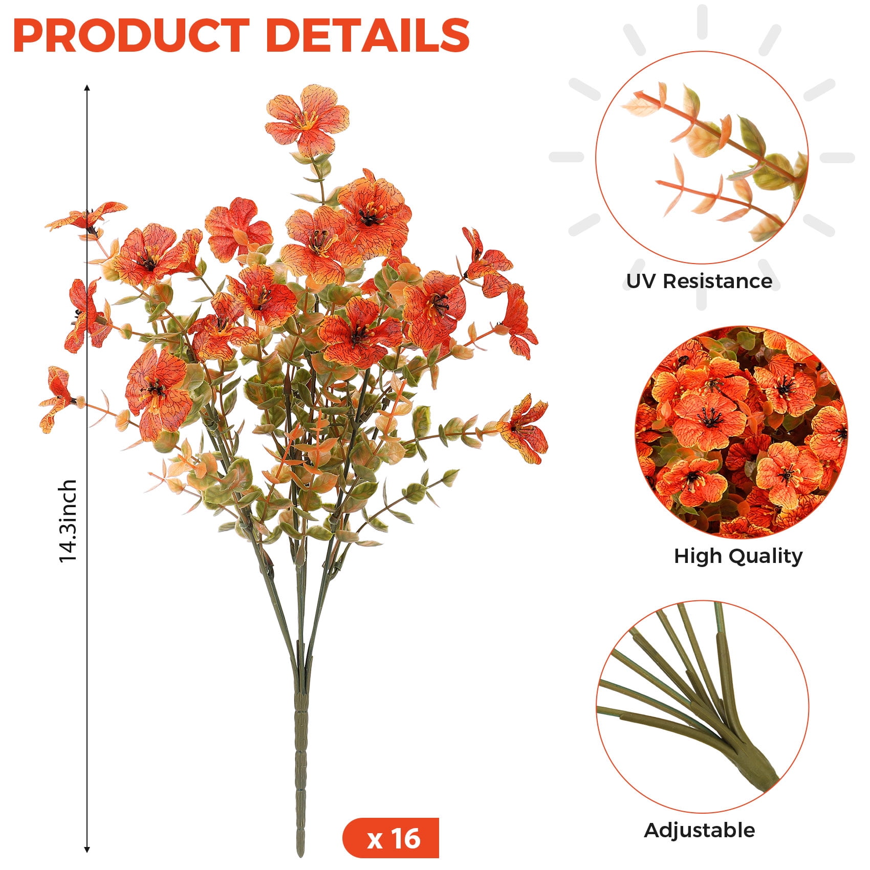 Scidweet Fall Artificial Flowers for Outdoors, 16 Bundles Autumn Faux Fake Flowers Fall Decorations for Home Garden, Orange