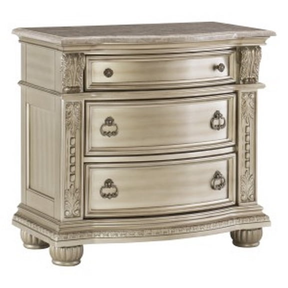 35 Inch Nightstand with 3 Drawers & Marble Top - Silver Finish