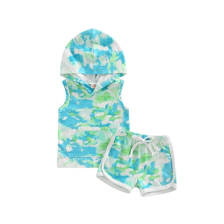 

Frobukio Kids Toddler Baby Boys Shorts Sets Tie-dye Print Hooded Vest + Elastic Waist Shorts Summer Outfits Green 12-18 Months