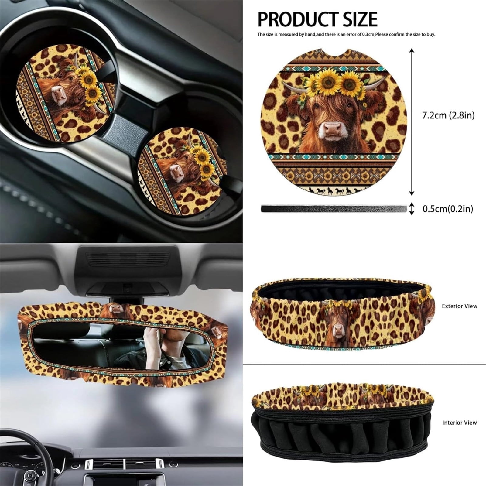 Yuyamidu Highland Cow Front Car Seat Covers Full Set of 12 Aztec Steering Wheel Cover Seat Belt Armrest Cover Trash Can Air Vent Holder Rear View Mirror Cover Coasters Keychain Auto Interior Decor
