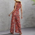 thumbnail image 5 of Women's Halter Neck Tie Waist Jumpsuit Sleeveless Bohemian Floral Printed Wide Leg Rompers Overalls Ankle Beach One Piece Outfits Pants, 5 of 7