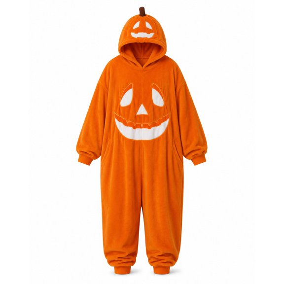 Women's Halloween Pumpkin Hooded One Piece Jumpsuit Plush Jack O Lantern Oversized Cozy Loungewear Pajamas Red S