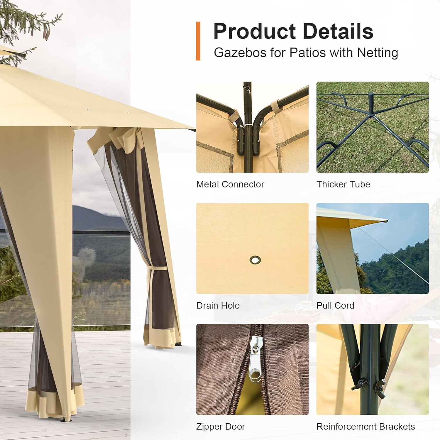 Phonjoroo Metal Patio Gazebo Outdoor 2-Tier Canopy Party Tent with Mesh Sidewalls 12x12 Beige
