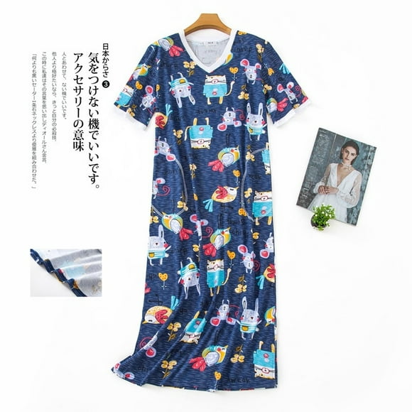 VOINALOMO Women's All Cotton Nightdress Short Sleeves Print Cotton Sleepwear One Piece