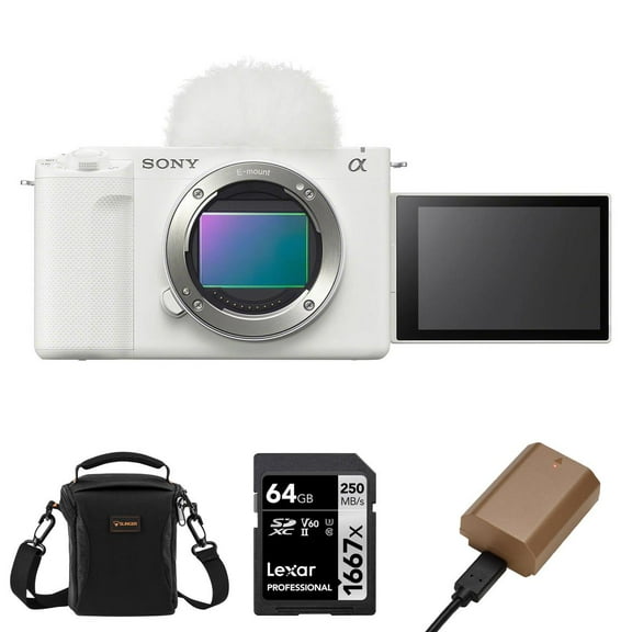 Sony Sony ZV-E1 Full-Frame Interchangeable Lens Mirrorless Vlog Camera, White - Bundle with Alpine 120 Shoulder Bag, 64GB UHS-II SDXC Memory Card, Extra Battery