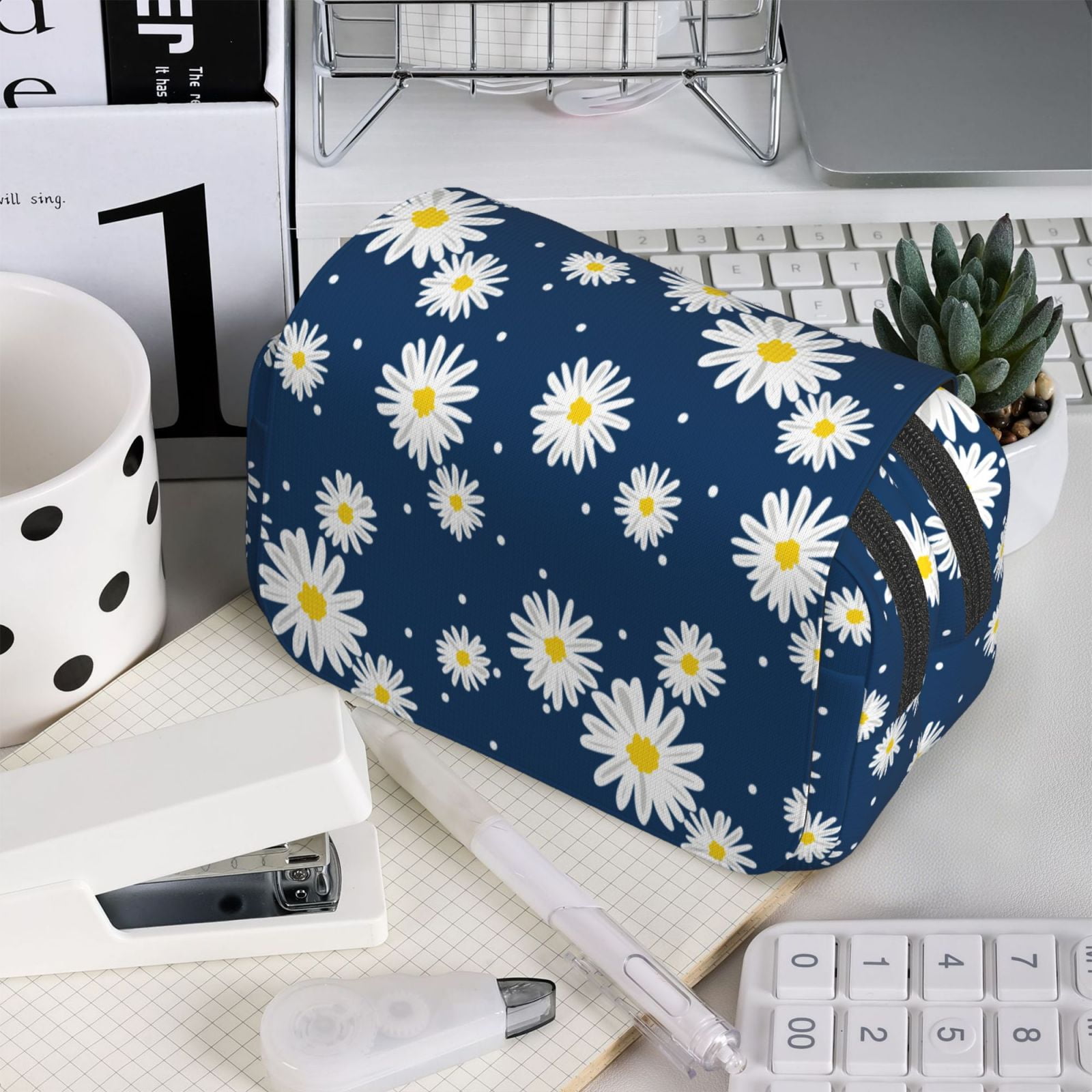Rateoe Daisies Flowers Pattern Double Clamshell Pen Case, Storage Organizer with Two Zipper Compartments– Holds Up to 50 Pencils & Pens