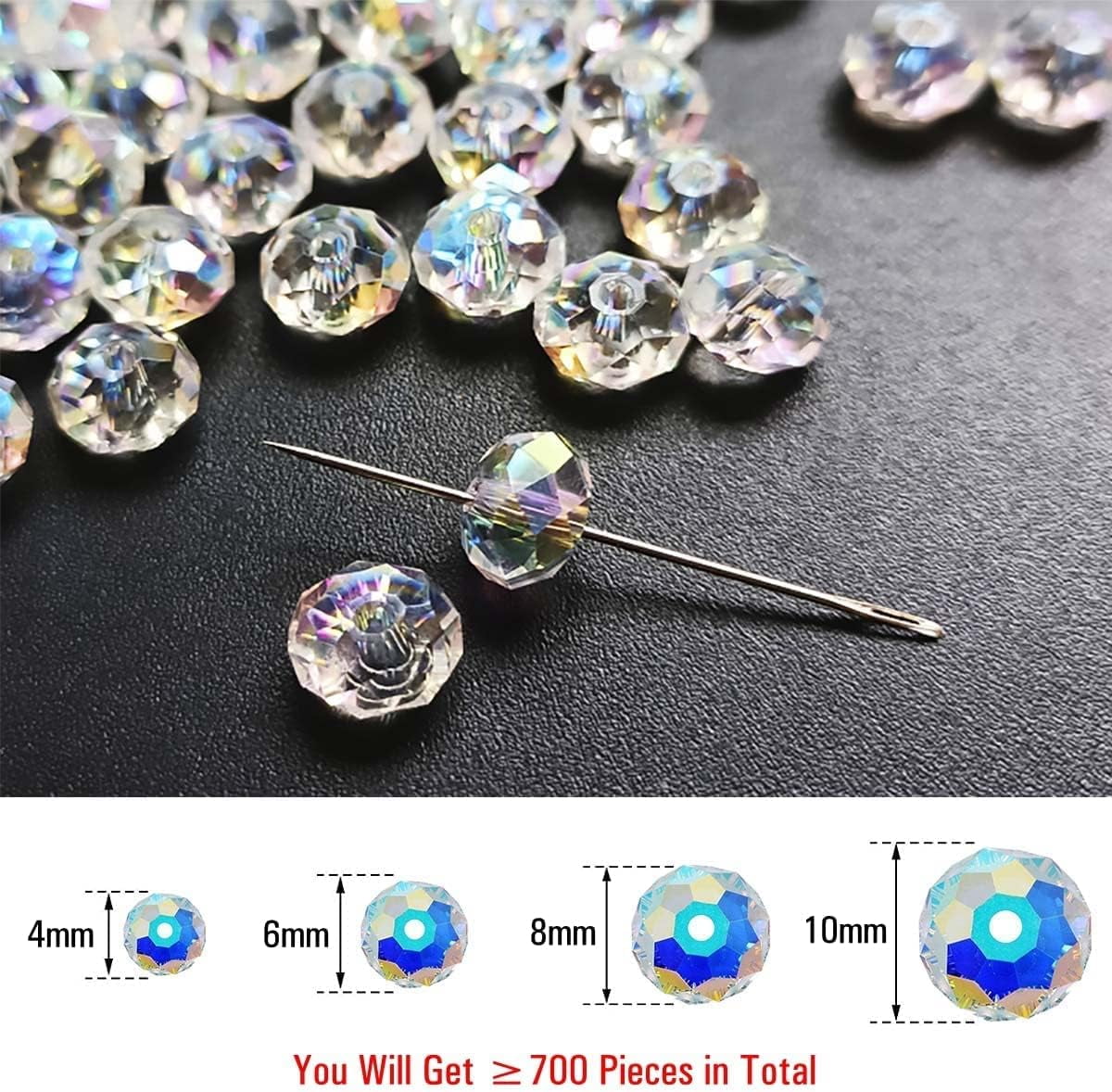 700 Pieces Crystal Rondelle AB Glass Beads Gemstone Faceted Beads for Jewelry Bracelets Necklace Earrings Pendent DIY Crafts Accessories 8 Strands (4 mm, 6 mm, 8 mm, 10 mm) (Clear AB Color)