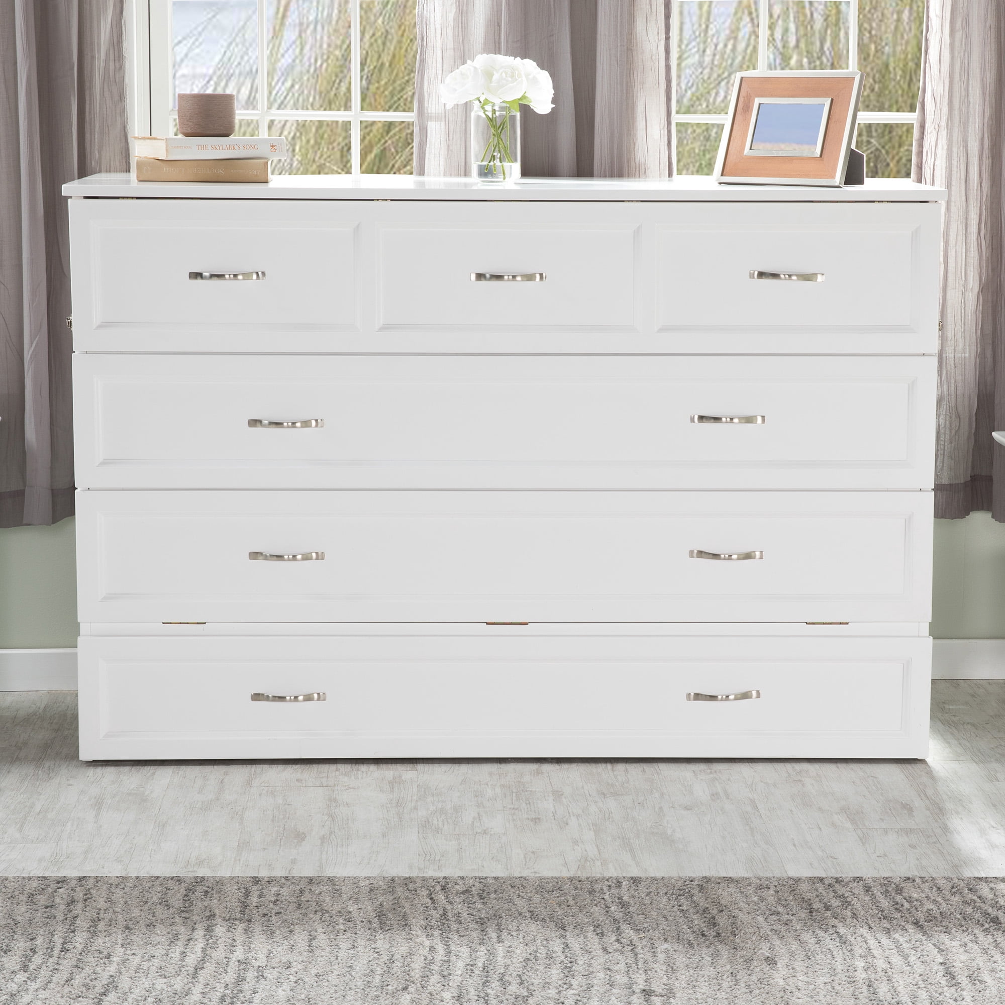 AFI Deerfield Queen Solid Wood Murphy Bed Chest with Mattress, Drawer & Charger in White