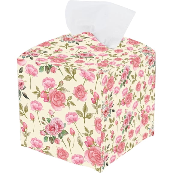 Pink Floral Tissue Box Cover Square Leather Flower Tissue Box Holder Rose Leaves Waterproof Facial Paper Organizer Dispenser