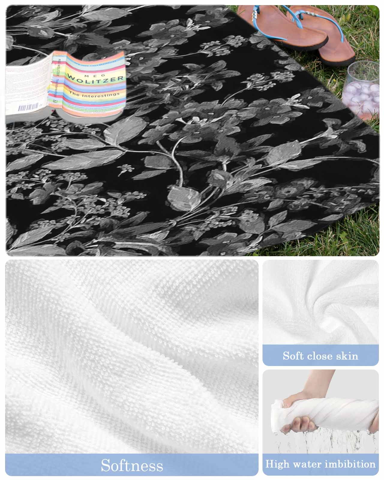 Black and White Floral Beach Towels Oversized Super Absorbent, Modern Oil Painting Abstract Art Lightweight Bath Towel Quick Dry Sets For Bathroom/Pool/Rv Camping/Beach Play/Gym Room/Picnic 35"x70"