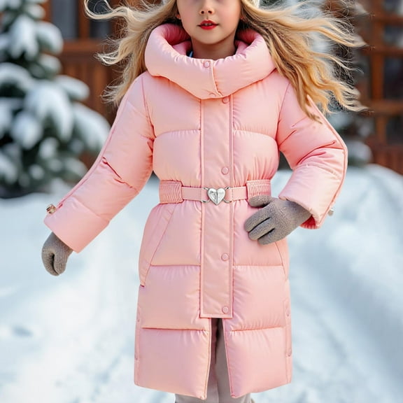 NAISIBABY Girls Puffer Coat, High Neck Hooded Mid Length Waist Cinched Buttons Winter Thick Warm Padded Outerwear Pink 8T