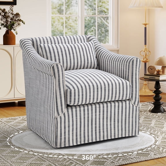 Bonzy Home 360° Swivel Striped Accent Chair, Upholstered Fabric Leisure Armchair with Removable Cushions, Blue & White Stripe