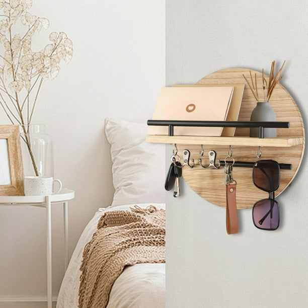Estante de Almacenamiento de Pared, Repisa de Exhibición de Madera, Organizador Decorativo Redondo con Ganchos, 30x30x4.8cm, para Entrada, Sala de Estar, Pasillo