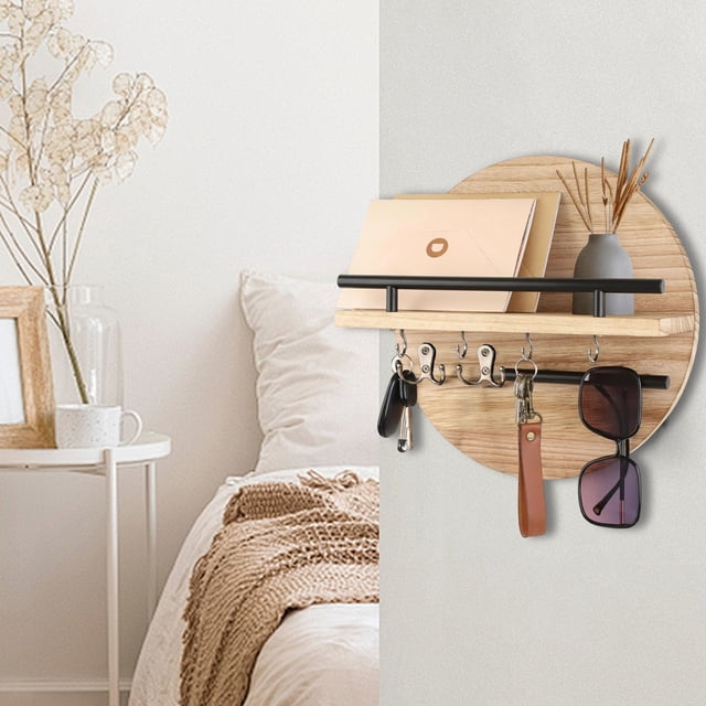 PALIFEUR Organization and Storage Wooden Wall-mounted Miscellaneous Shelves Classic Round Background Decorative Rack Living Room Entrance Key Sunglasses Hanging Shelf Apartment Essentials