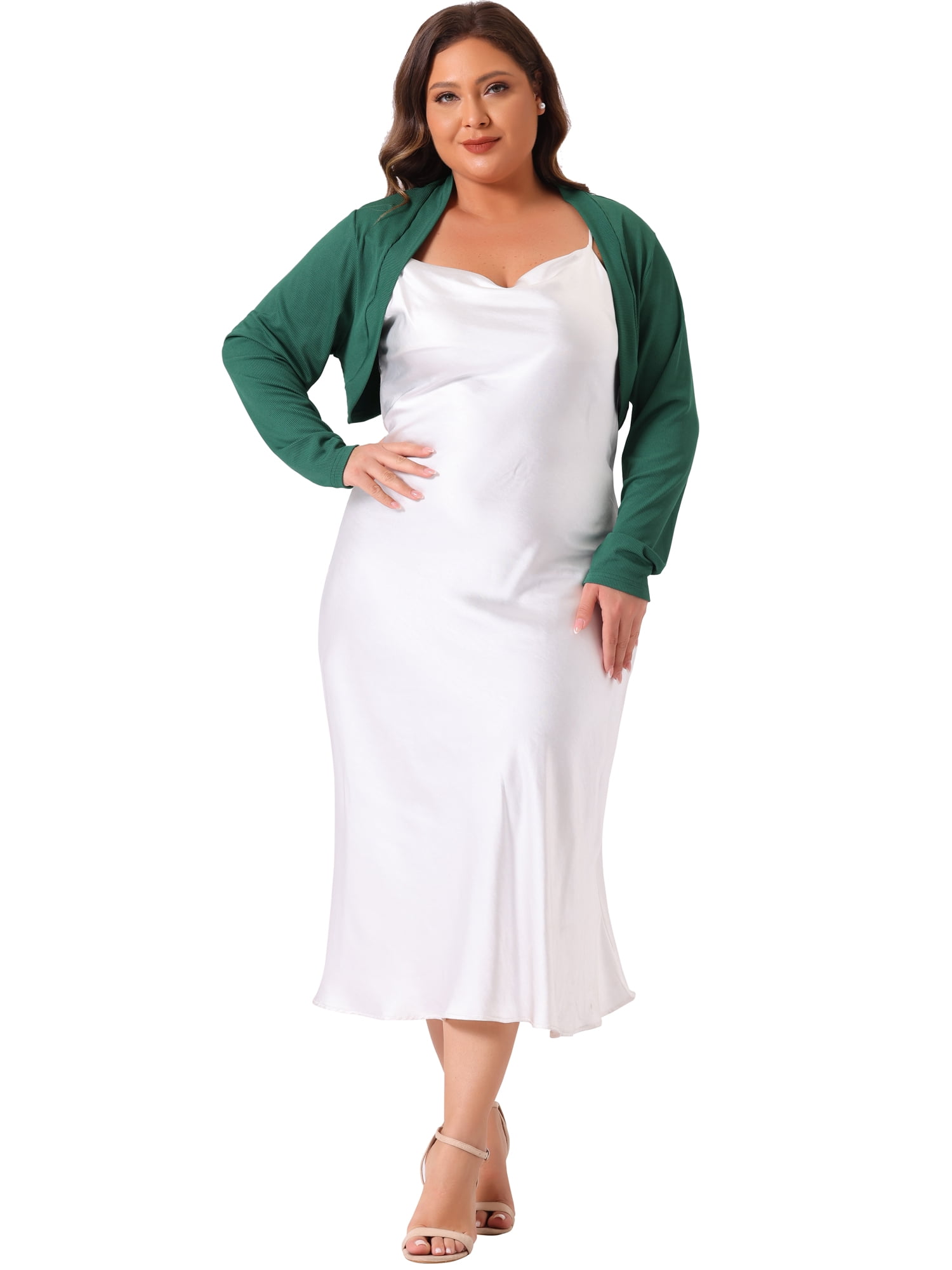 DARING DIVA Plus Size Long Sleeve Open Front Cropped Cardigans Shrugs 1X Dark Green