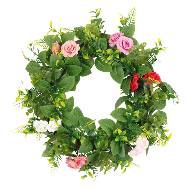 Corona de puerta de entrada de 45 cm, flores artificiales, guirnalda, ramo, hojas verdes, floral Corona de rosas (multicolor)