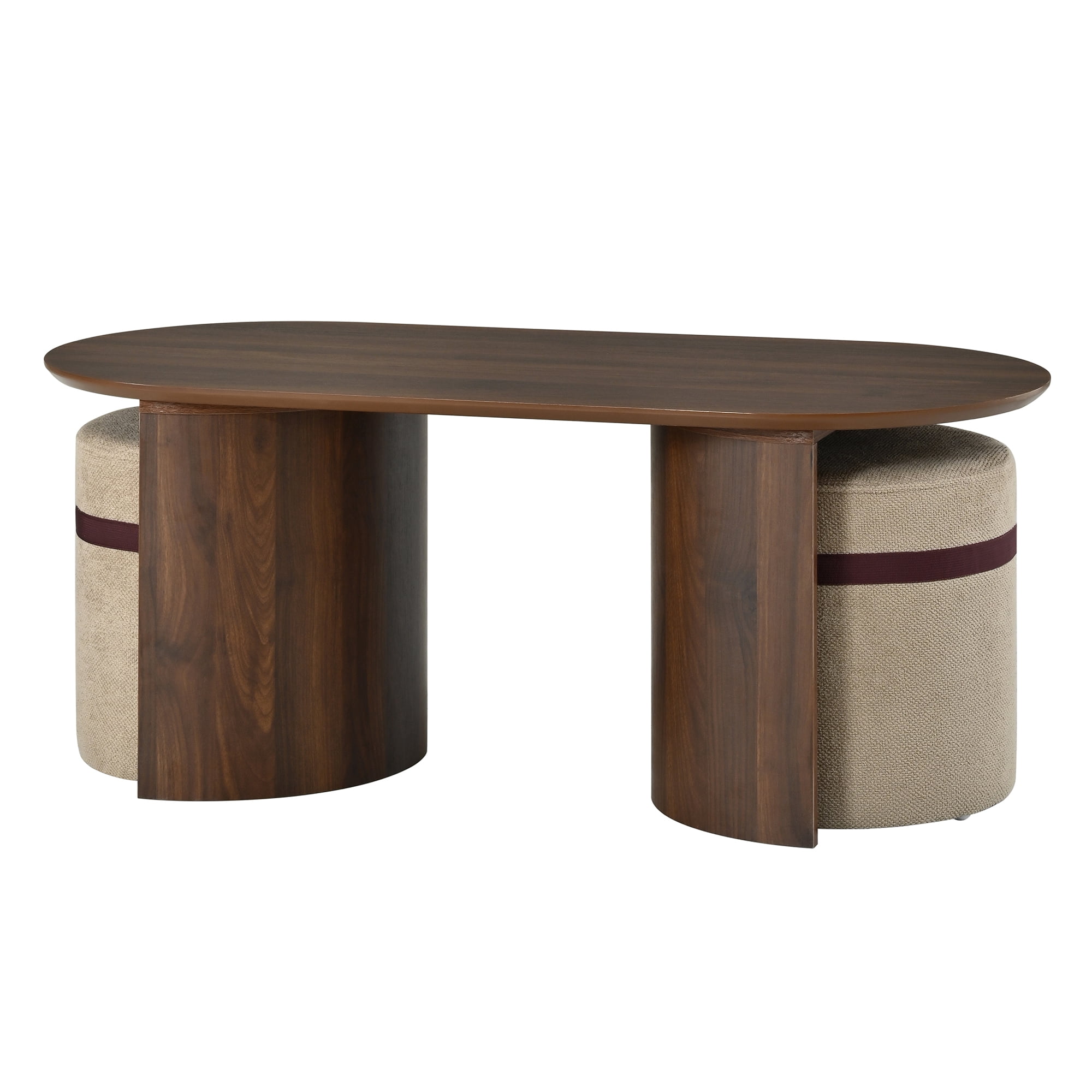 Oval Coffee Table Set 42.71 Inch, Wooden Center Table with 2 Matching Fabric Poufs for Living Room Reading Corner, Brown