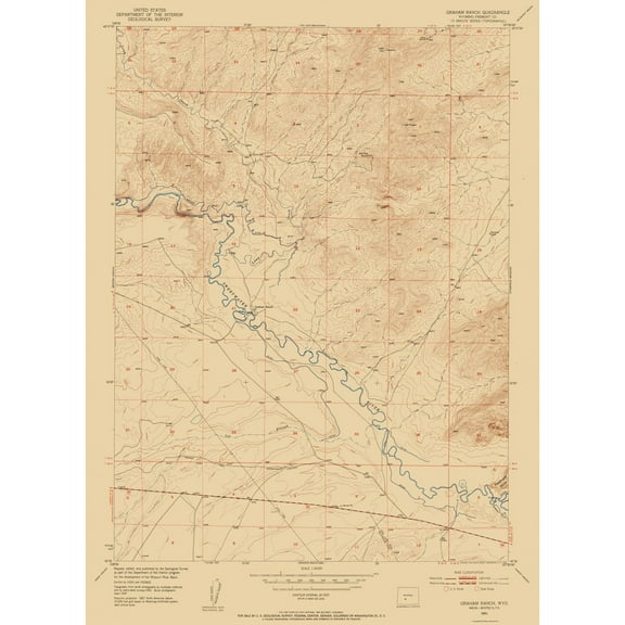 Topographical Map - Graham Ranch Wyoming Quad - USGS 1951 - 23 x 31.67 - Vintage Wall Art