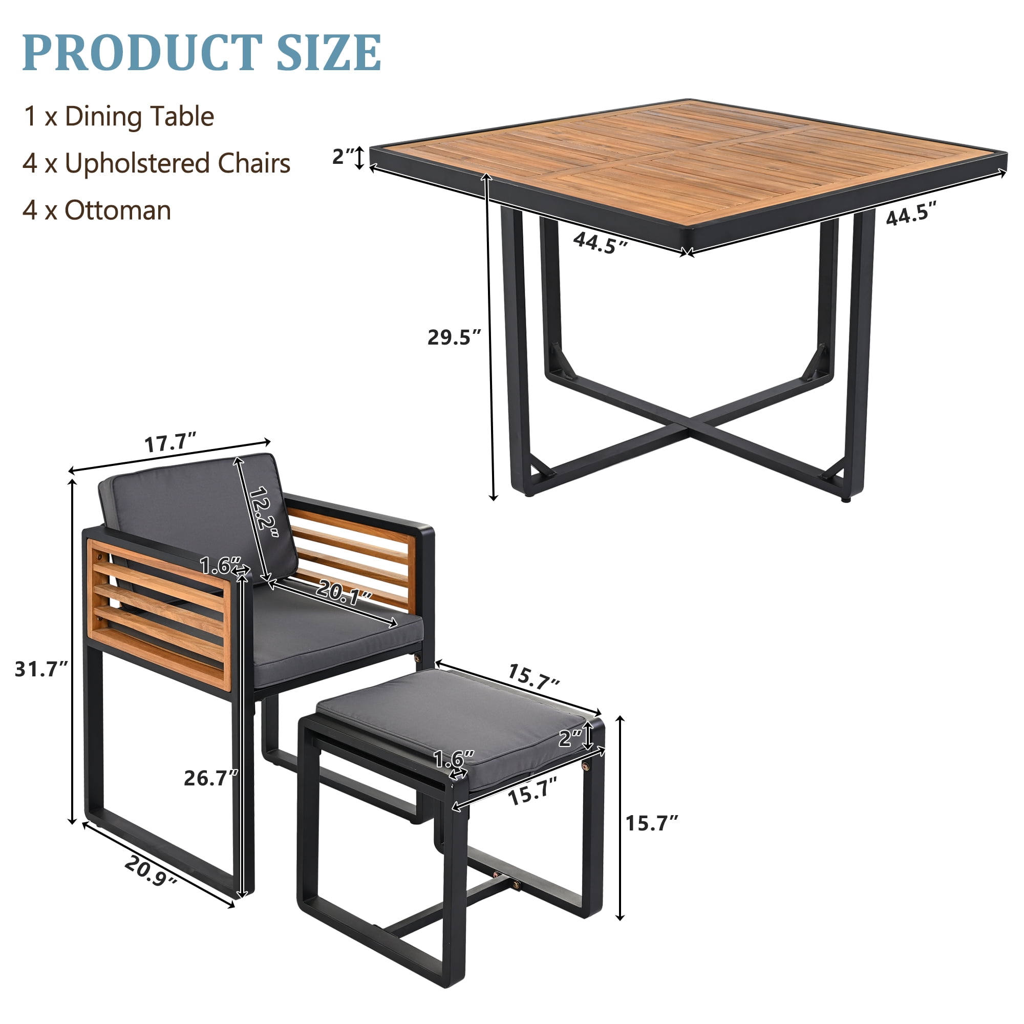 Euroco 18-Pieces Acacia Wood Patio Dining Set, Space Saving Outdoor Patio Set, 8 Cushioned Chairs & 8 Ottomans & 2 Square Table, for Backyard, Garden, Deck and Poolside
