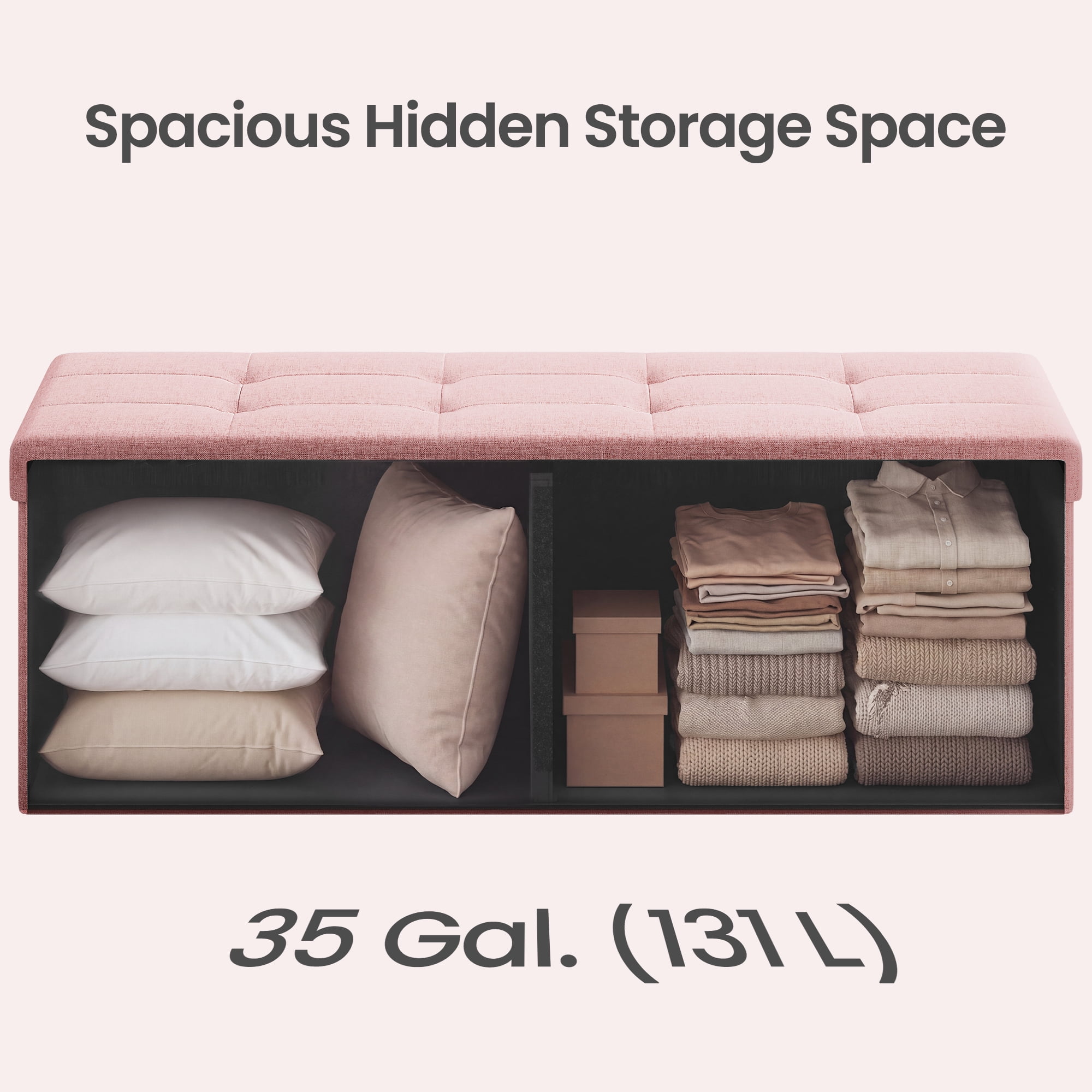 Ledrem Large Foldable Storage Ottoman Bench with 660lb Capacity, Jelly Pink