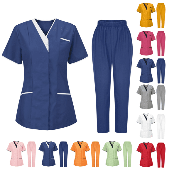 Jinhomg Medical Scrubs Set for Women 2 Piece Plain Solid Nursing Uniforms Lightweight Comfy Short Sleeve V-Neck Scrub Shirt and Pants with Pockets Sales Today Purple L