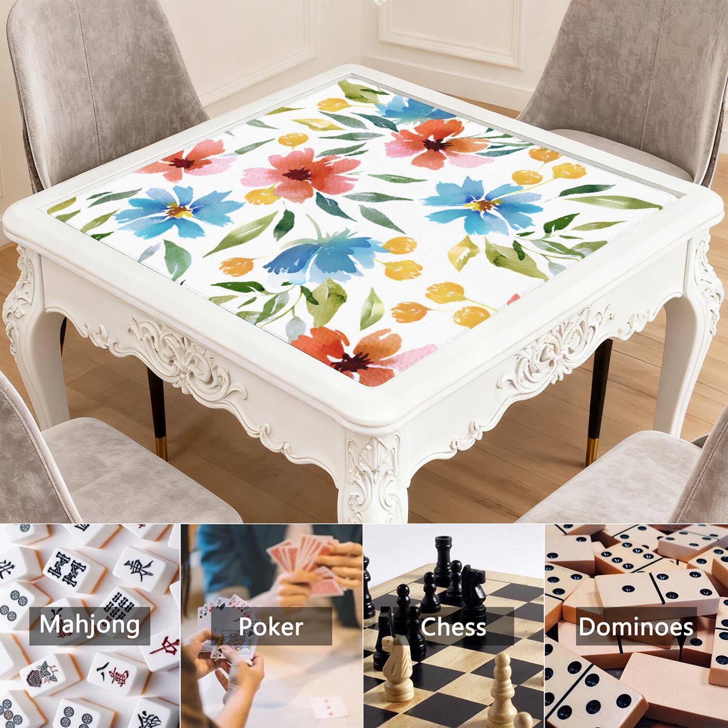 Decorative Floral Design Non-Slip Playing Surface, 31.5 Inch Square Rubber Mat for Mahjong Tables Reduces Tile Noise, Ideal for Cards and Board Games