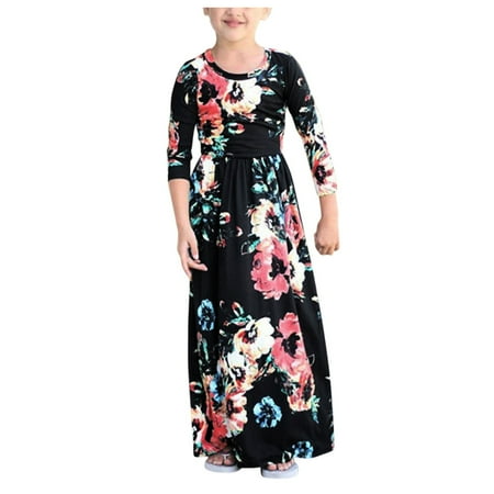 

TAIAOJING Kids Women Dresses Mommy And Me Printed Dress Long Sleeve Round Neck Ankle-Length Dress Matching Outfits Casual Loose Long Dress