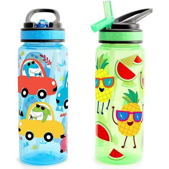 Home Tune 23oz Kids Water Drinking Bottle - BPA Free, Auto Push Button, Flip Cap, Sipper Straw, Chug Lid, Carry Loop