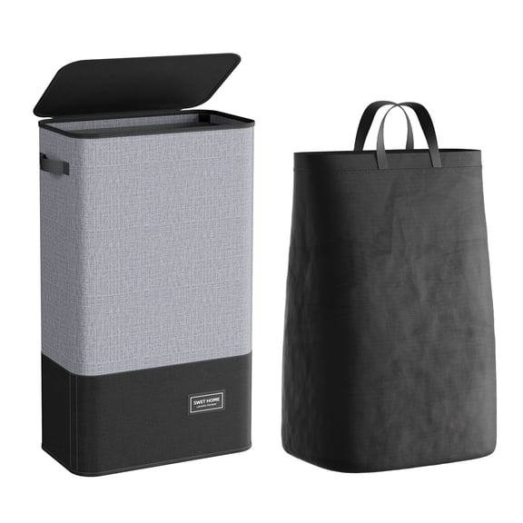 Yecaye 75L Clothes Hamper with Lid, Slim Laundry Basket with Removable Bag, Gray&Black