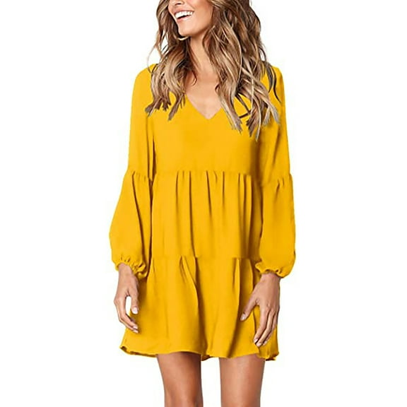 WNEGSTG Women's Babydoll Dresses Casual V-Neck Flutter Long Sleeve Dress Dating Party Mini Dress Yellow
