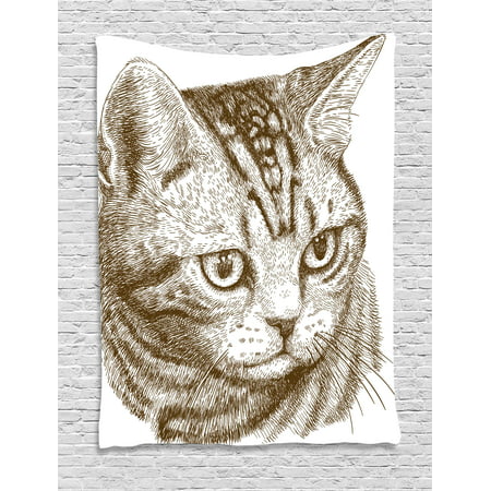 Cat Tapestry, Portrait of a Kitty Domestic Animal Hipster Best Company Fluffy Pet Graphic Art, Wall Hanging for Bedroom Living Room Dorm Decor, 40W X 60L Inches, Chocolate White, by