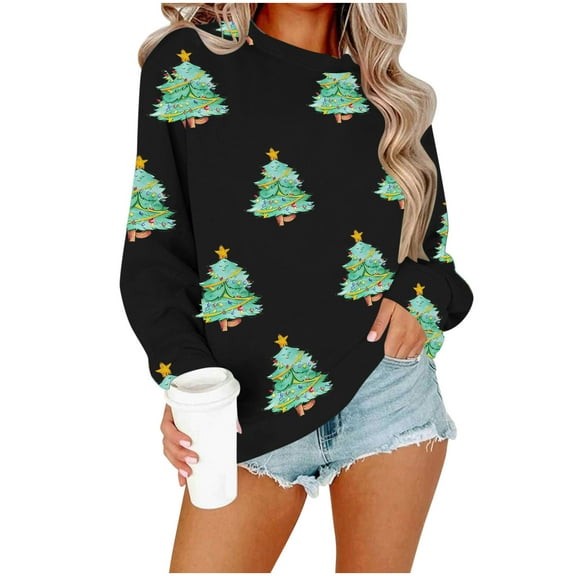 Enjoytime Women's Sweatshirt Christmas Tree Printed Pullover Tops Xmas Holiday Casual Long Sleeve Crewneck Sweatshirt Black M