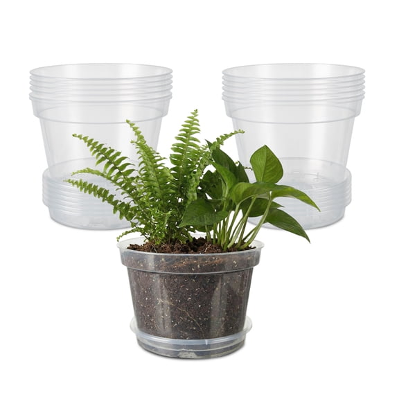 12 Pack Clear Plastic Nursery Pots with Drainage Holes and Saucers, 8 Inch Plant Pots for Seed Starting, Indoor Outdoor Gardening, Transparent Planters