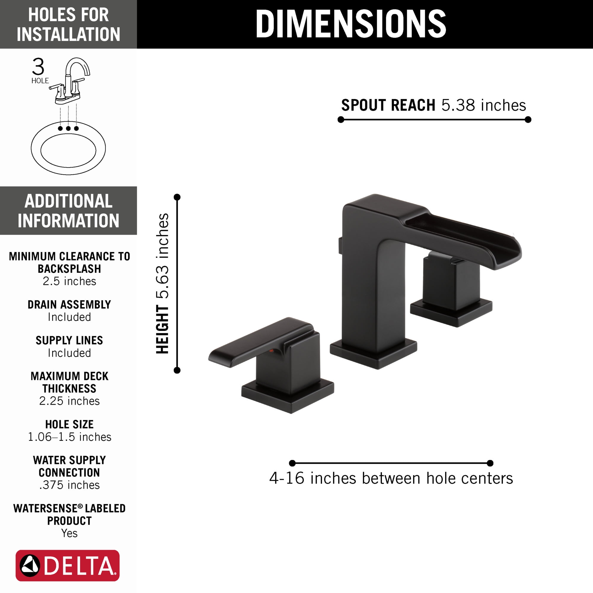 Delta Ara Two-Handle Widespread Channel Bathroom Faucet - 3568LF-BLMPU - Matte Black