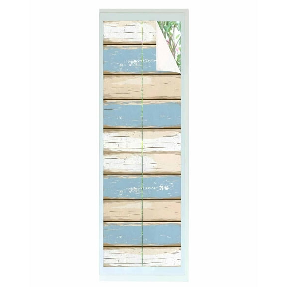 Window Privacy Film Geometric Blue Beige Stained Glass Window Film Decorative Sun Block Window Cover Farmhosue Vintage Shabby Wood Grain Window Clings Static Adhesive Sticker for Bathroom 29.5"x118"